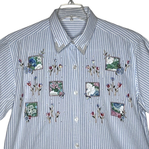 Floral Patchwork Pearl Embellished Cotton Long Sleeve Blouse Size 1X Striped - Picture 3 of 13